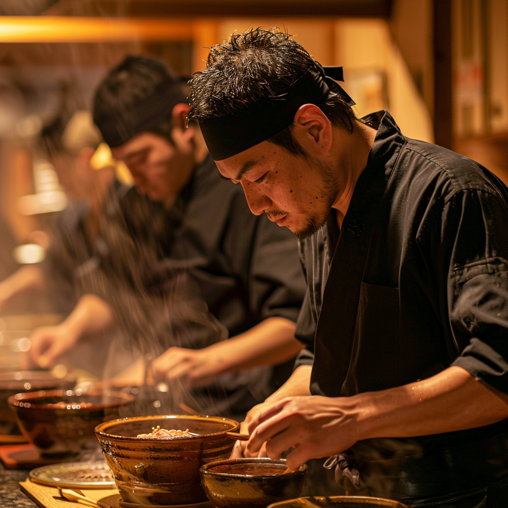 割烹の厨房で一膳ずつすき焼きを仕上げる料理人